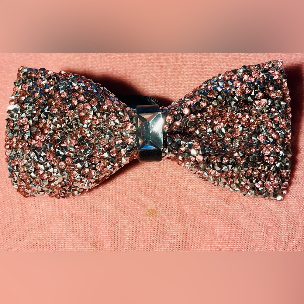 Q Brand Crystal Rhinestone BowTie Pink Black Adjustable Statement